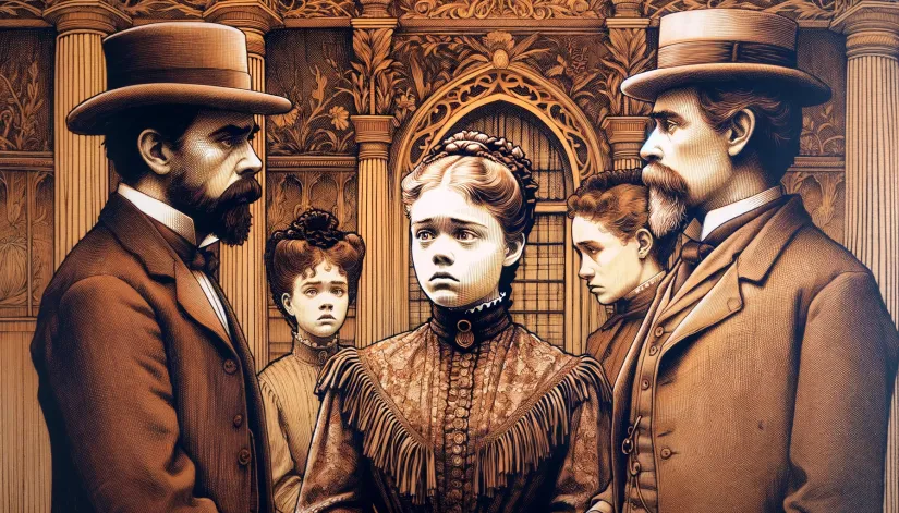 Illustration showing a tense interaction between Lizzie Borden and her parents, Andrew and Abby Borden.