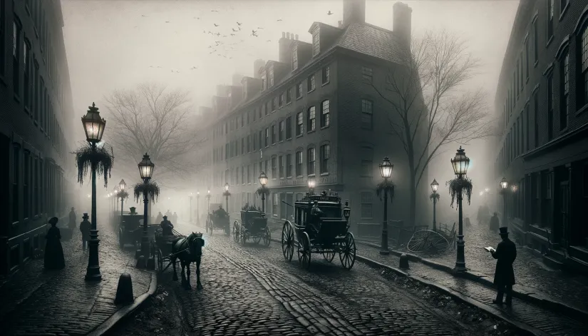 A grim and foggy Fall River street scene from the 1890s