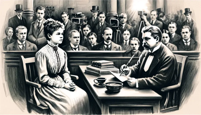 Lizzie Borden seated in court during her trial, with her defense attorney Andrew Jennings.