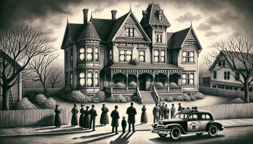 The Victorian home of Lizzie Borden in Fall River, Massachusetts, surrounded by police and townspeople in 1892.