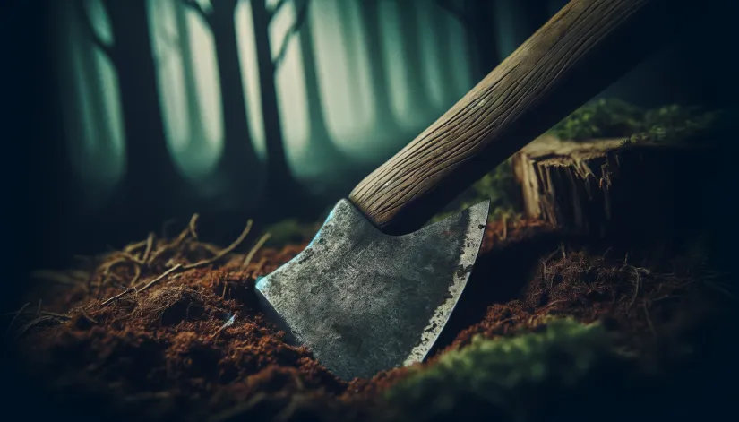 The hatchet, forever linked to Lizzie Borden partially buried in the ground