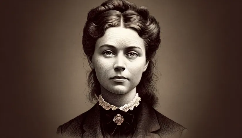 A portrait of Lizzie Borden, a woman from the late 19th century with Victorian-era clothing, styled hair.