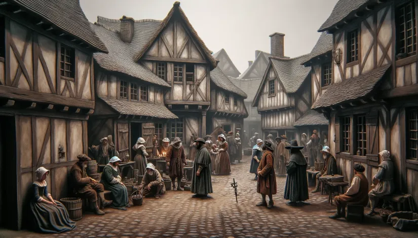 A 16th-century French village with fearful villagers during Gilles Garnier's time.