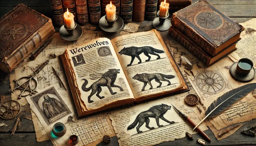 Open ancient book with werewolf illustrations, handwritten notes in Latin and Old English, with quills and candles.