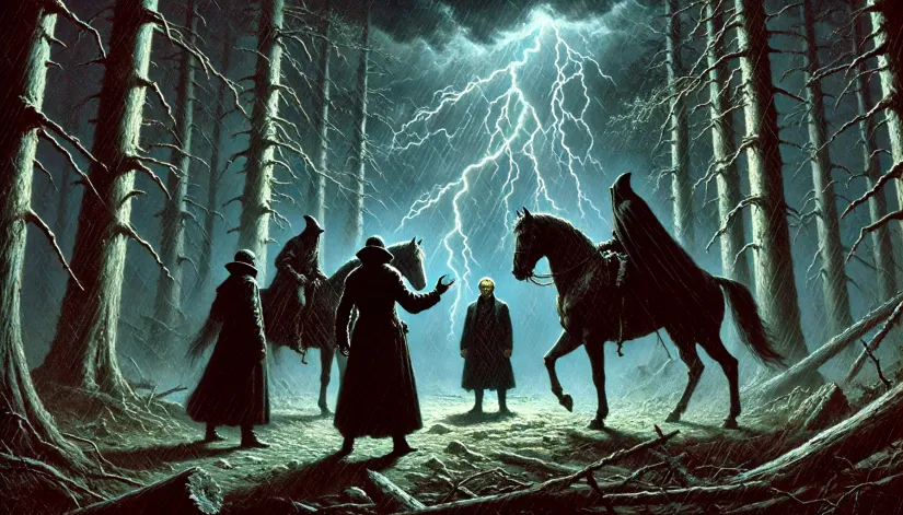 Pierre Bourgot confronted by three men in black on horseback during a thunderstorm in a dark forest.