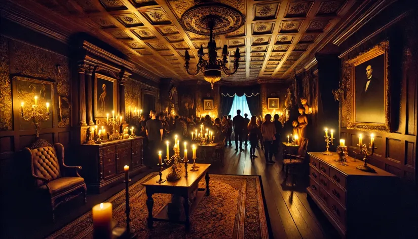 Visitors holding candles in a dimly lit hallway at the Winchester Mystery House