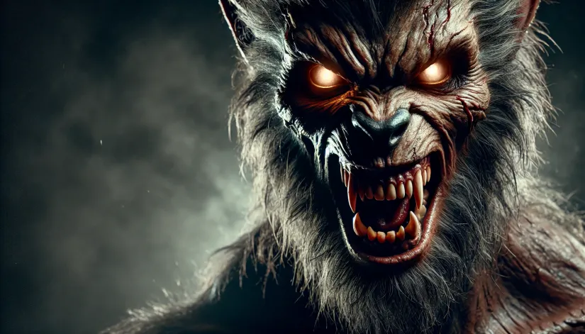 Close-up of a werewolf's face with sharp teeth, glowing eyes, and a snarling expression against a dark background.