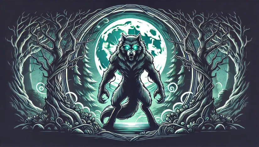 Menacing werewolf in a dark, enchanted forest under a full moon