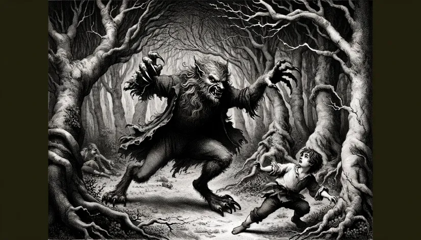 Gilles Garnier depicted as a werewolf attacking a child in a dense, shadowy forest with twisted trees.