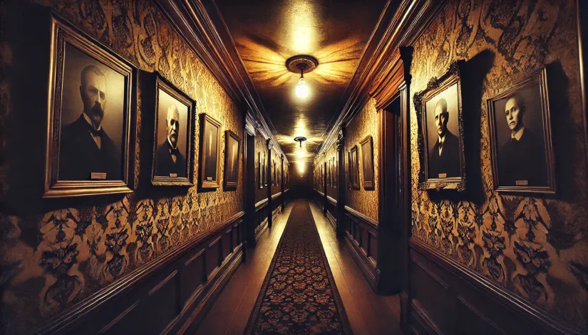 Dimly lit hallway in the Winchester Mystery House with old portraits and flickering lights