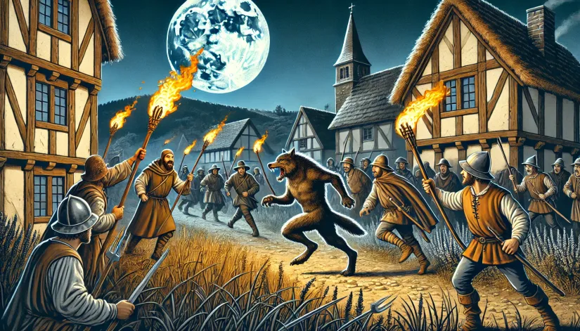 Medieval villagers with torches and pitchforks chasing a werewolf through the countryside under a full moon.