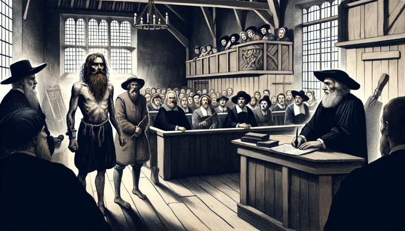 Jacques Roulet standing in a medieval courtroom in 1598, surrounded by shocked townspeople and questioned by a judge.