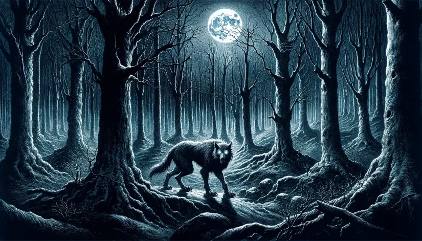 A haunting depiction of a werewolf in a 16th-century forest at night