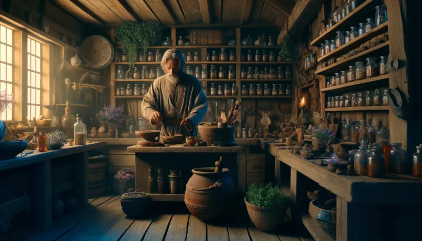 A medieval apothecary's workshop with a healer preparing a mysterious salve surrounded by herbs, jars, and potions.