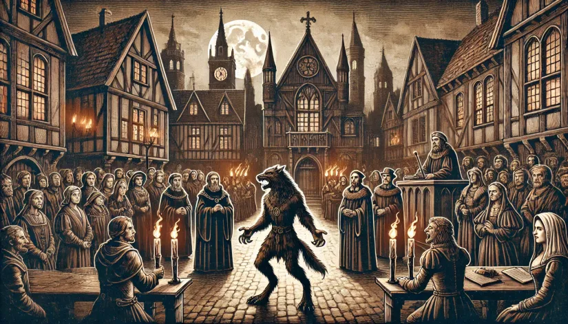 Illustration of medieval werewolf trials with an accused werewolf being judged