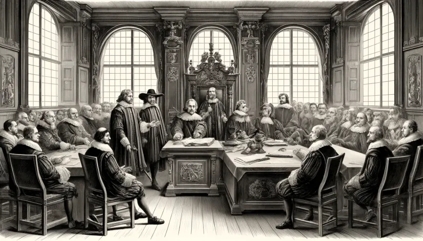 Officials in the Parliament of Paris discussing the case of Jacques Roulet in the late 16th century.