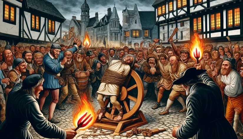 Peter Stumpp tied to a wooden wheel in the town square, surrounded by an angry mob and an executioner holding red-hot pincers.