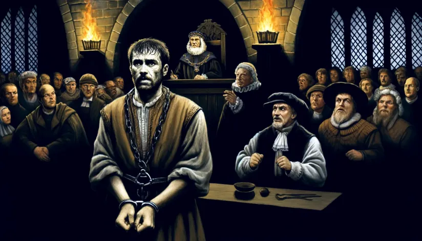 Peter Stumpp in shackles during his trial in a medieval courtroom filled with villagers and a judge in traditional robes.