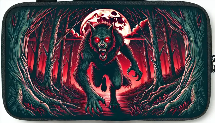 Illustration of a red-eyed werewolf prowling at night