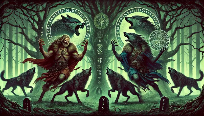 Illustration of Sigmund and Sinfjotli transforming into wolves from cursed skins