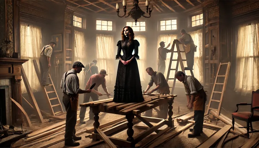 Sarah Winchester supervising the continuous construction of her mansion with carpenters at work.