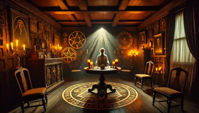 Dimly lit Seance Room in the Winchester Mystery House with mystical symbols, candles, and a ghostly figure of Sarah Winchester conducting a seance.