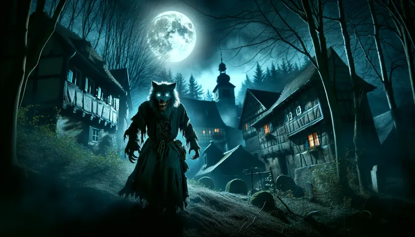 Sinister wolf-like figure lurking in a dark, eerie 16th-century European village under a full moon.