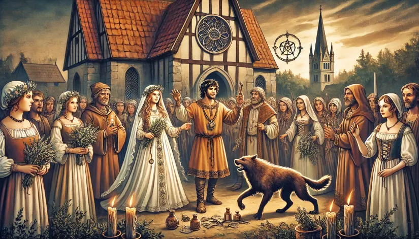 Medieval European wedding scene with rituals to prevent werewolf transformation