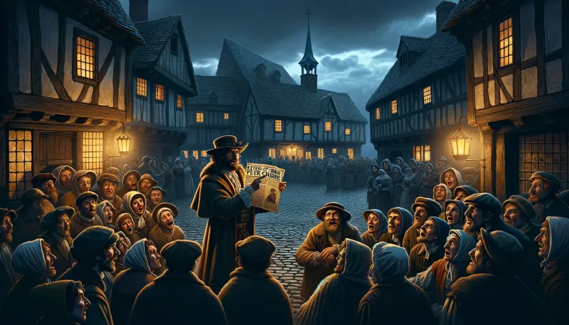 Fearful villagers gathered around a town crier in a medieval village square at dusk, listening to the crimes of Peter Stubbe.