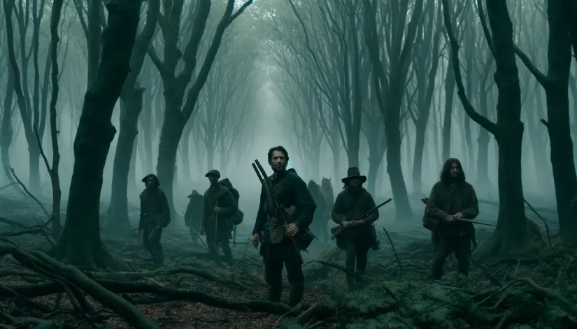 Villagers armed with weapons searching for the werewolf in a foggy forest near Angers.