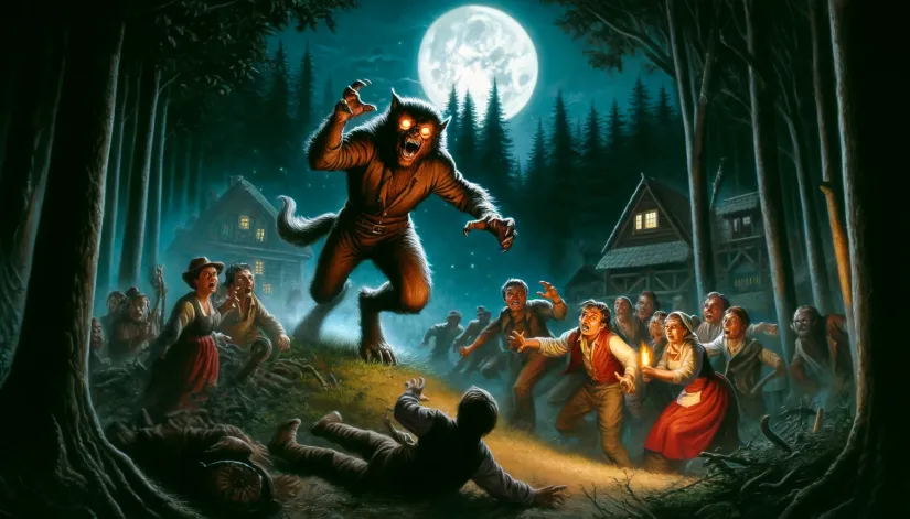 Peter Stumpp as a werewolf attacking villagers in a dense forest at night, with glowing eyes and sharp claws.