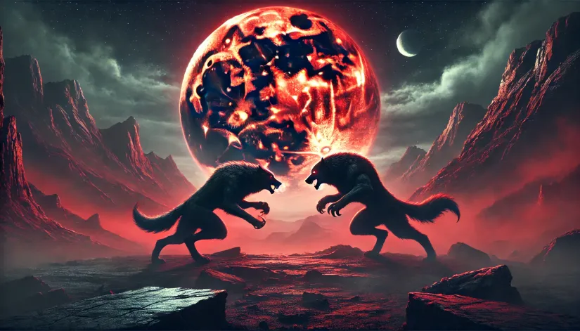 Ferocious battle between two werewolves under a blood-red moon in a desolate, rocky landscape with distant mountains.