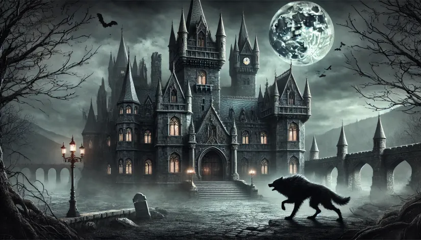 Dark medieval castle with gothic architecture, surrounded by mist, with a werewolf lurking in the shadows.