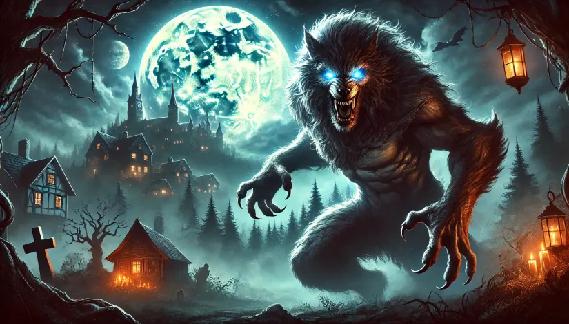 Menacing werewolf mid-transformation under a full moon with a misty forest and medieval village in the background.