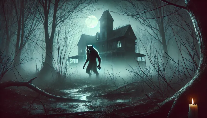 Werewolf prowling through a misty swamp at night with a decrepit, haunted house in the background.