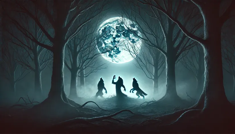 Werewolves of Poligny howling at the moon in a dark forest clearing.