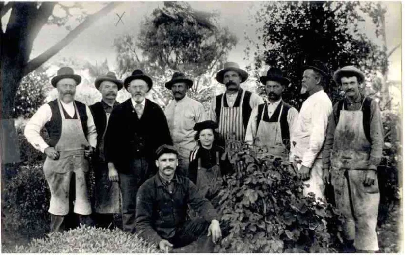 An old photo showing the team of gardeners who worked for Sarah Winchester