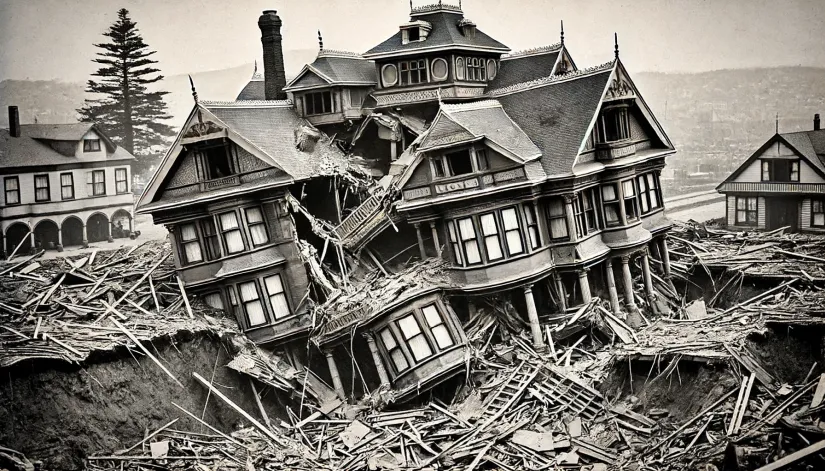 Winchester Mystery House showing damage from the 1906 earthquake, illustrating its seismic resilience