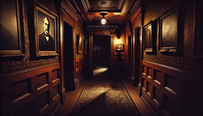 Dark hallway in the Winchester Mystery House illuminated by a single flashlight