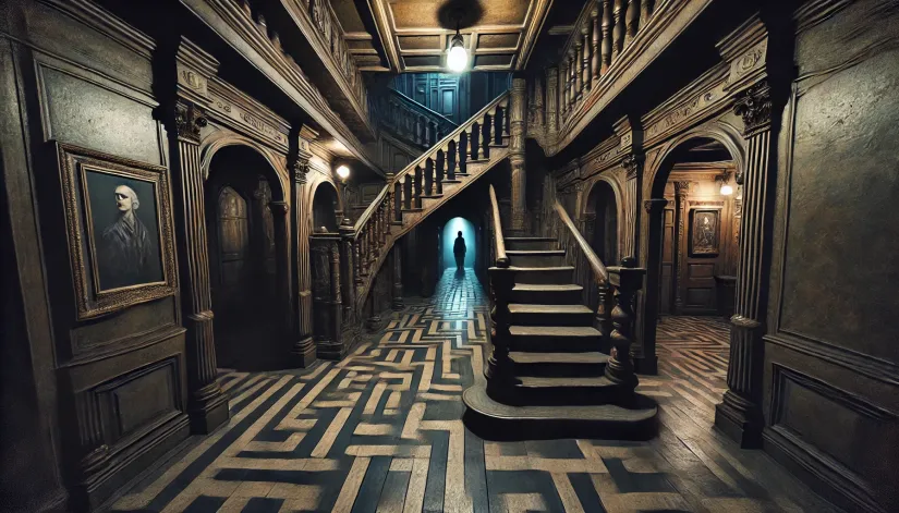 Spooky interior of the Winchester Mystery House showing a shadowy corridor with bizarre staircases and a ghostly figure.