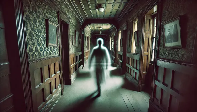 A ghostly shadowy figure moving through a dark hallway in the Winchester Mystery House.