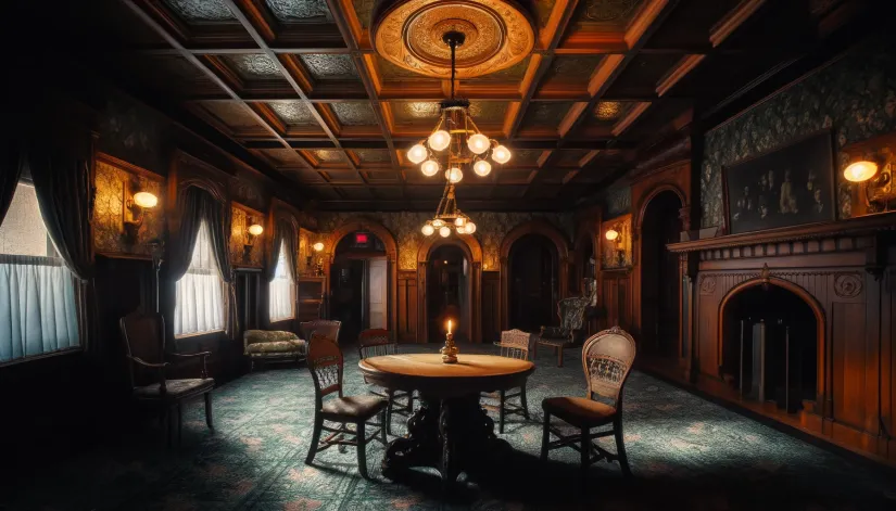 The eerie Séance Room in the Winchester Mystery House with its mysterious exits and coat hooks.