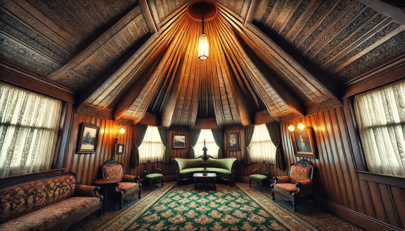 The Witch's Cap room in the Winchester Mystery House with its peculiar conical shape and eerie ambiance.