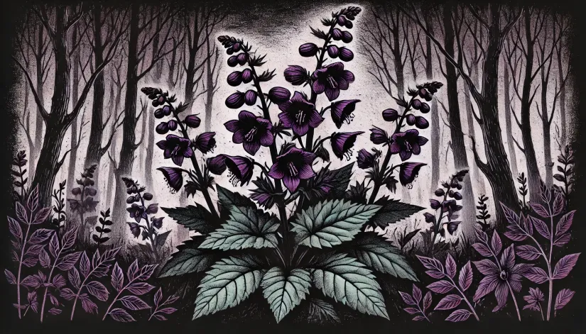 Dark medieval-style illustration of the Wolfsbane plant with purple flowers