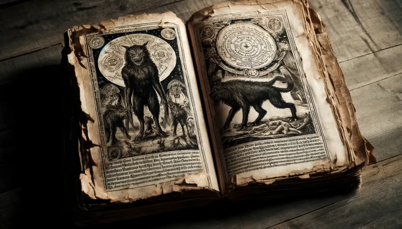 An old book opened to pages depicting werewolves and ancient writings.