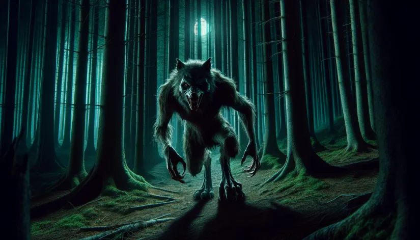 A menacing werewolf-like creature prowling a dense forest at night.