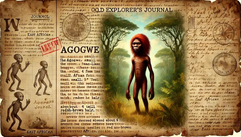 Agogwe-Journal-Sketch-Cryptid Sketch of Agogwe cryptid in an old explorer's journal style, with handwritten notes and aged paper texture, in a dense East African forest.