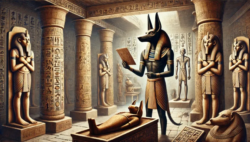 Anubis, the ancient Egyptian god with the head of a jackal, overseeing mummification.