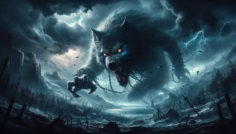 Fenrir breaking free from his chains during Ragnarok in Norse mythology.