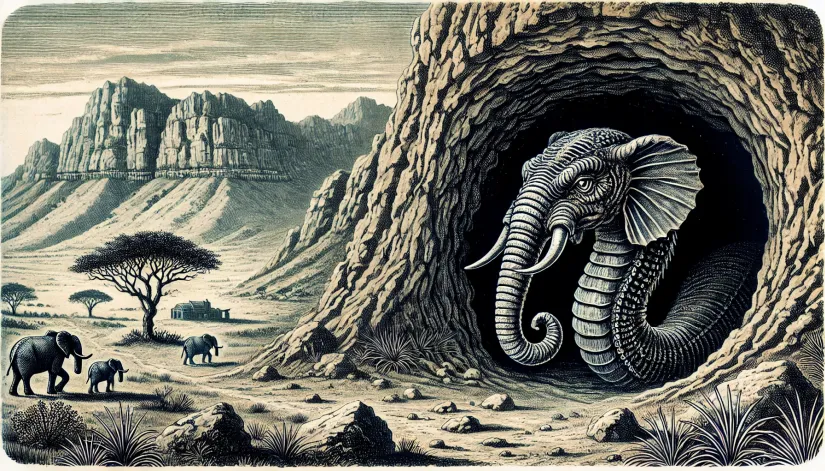Grootslang-Legendary-Serpent-Cryptid African cryptids: Grootslang, a serpent with elephant-like features, guarding a deep cave in the rugged Richtersveld region.
